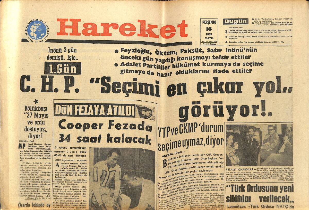 Hareket Gazetesi 16 Mayıs 1963 - Cooper Fezada 34 Saat Kalacak - Beşiktaş Galatasaray'ı 2-1 Yendi GZ151407 - 1