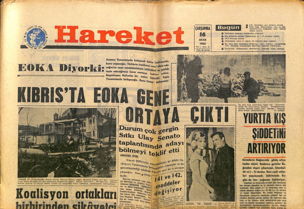 Hareket Gazetesi 16 Ocak 1963 - Kıbrıs'ta Eoka Gene Ortaya Çıktı - Güzel Ve Yıldız GZ150159 - 1