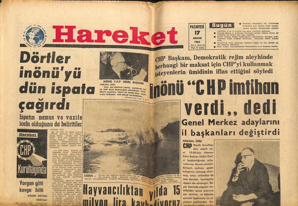 Hareket Gazetesi 17 Aralık 1962 - Vehbi Koç İki Milyon Bağışladı - Dörtler İnönü'yü Dün İspata Çağırdı GZ151315 - 1