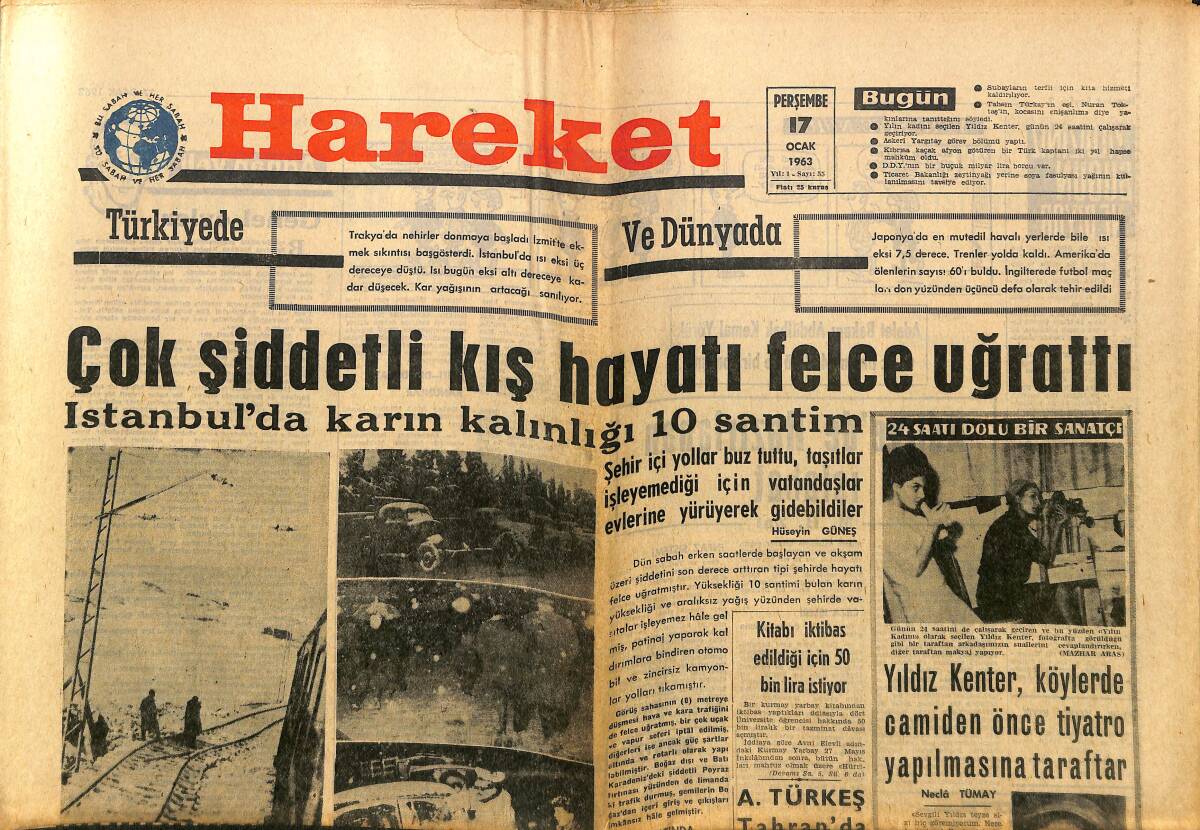 Hareket Gazetesi 17 Ocak 1963 - Yıldız Kenter, Köylerde Camiden Önce Tiyatro Yapılmasına Taraftar - Galatasaray Milan Maçı İçin Emniyet Tedbirleri GZ150158 - 1