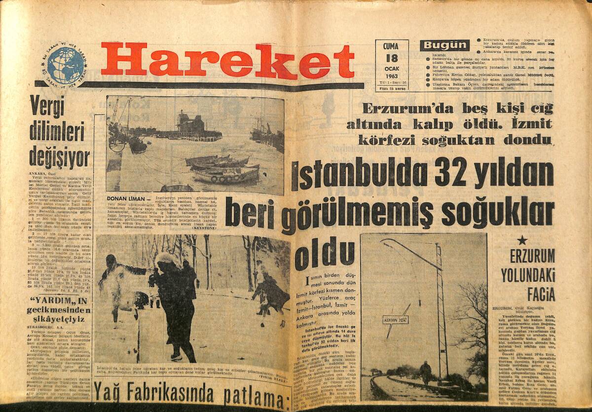 Hareket Gazetesi 18 Ocak 1963 - Amerika'nın Bütçesi 98 Milyar Dolar - Galatasaray Milan Maçı İçin Taktik Maçını Mustafa Gelince Yapacak GZ150160 - 1