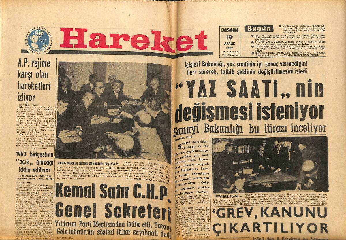 Hareket Gazetesi 19 Aralık 1962 - Kemal Satır CHP Genel Sekreteri - Ege'de Sel Hasar Yaptı GZ151345 - 1