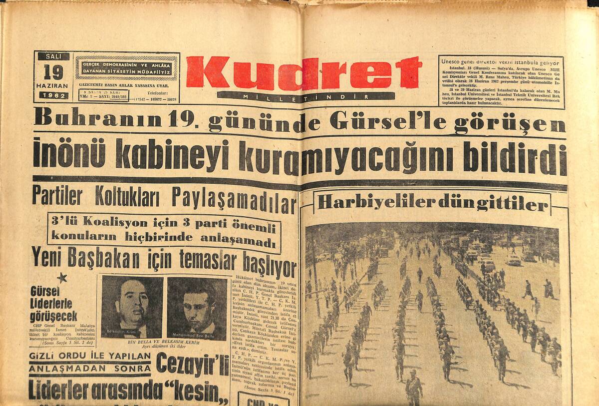 Hareket Gazetesi 19 Haziran 1962 - Gürsel Liderlerle Görüşecek - İnönü Kabineyi Kuramayacağını Bildirdi GZ150163 - 1