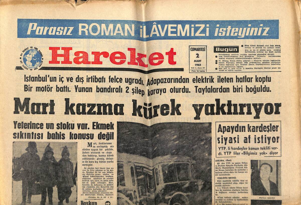Hareket Gazetesi 2 Mart 1963 - Molla Barzani Irak'ta Yeniden Taarruza Geçeceğini Açıkladı - Robert Taylor Dertli GZ151362 - 1