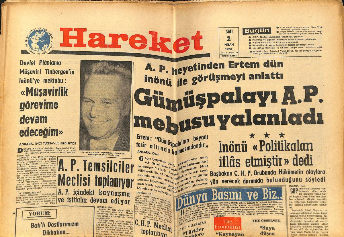 Hareket Gazetesi 2 Nisan 1963 - Sadrettin Han İstanbul'u Beğenmiş - Makarios Açıkça Enosis Diyor GZ151394 - 1