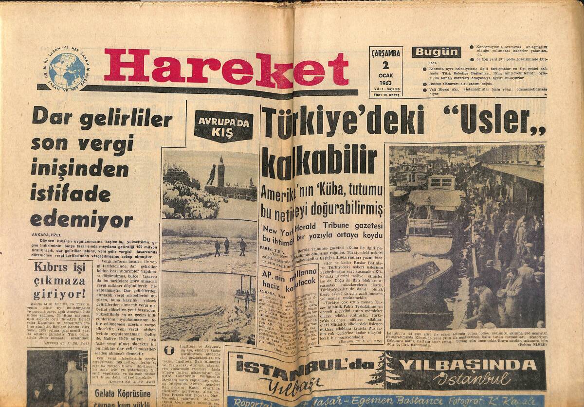 Hareket Gazetesi 2 Ocak 1963 - Galatasaray'ın Milan Maçı Hazırlığı Başlıyor - Kıbrıs İşi Çıkmaza Giriyor GZ151370 - 1