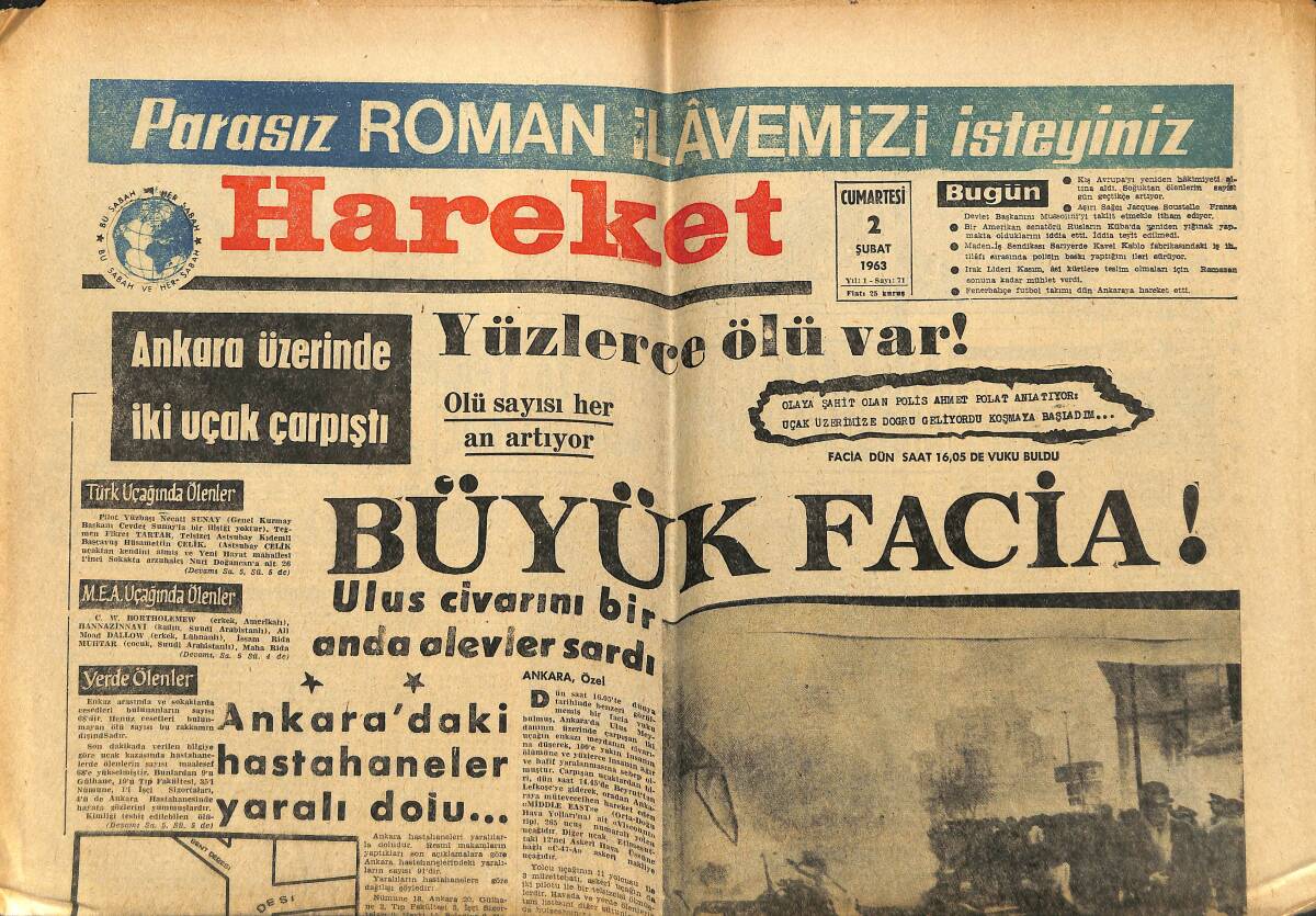 Hareket Gazetesi 2 Şubat 1963 - Ruslar Kübada Yeni Yığınaklar Yapıyor - De Gaulle Mussolini Mukallidi GZ151329 - 1