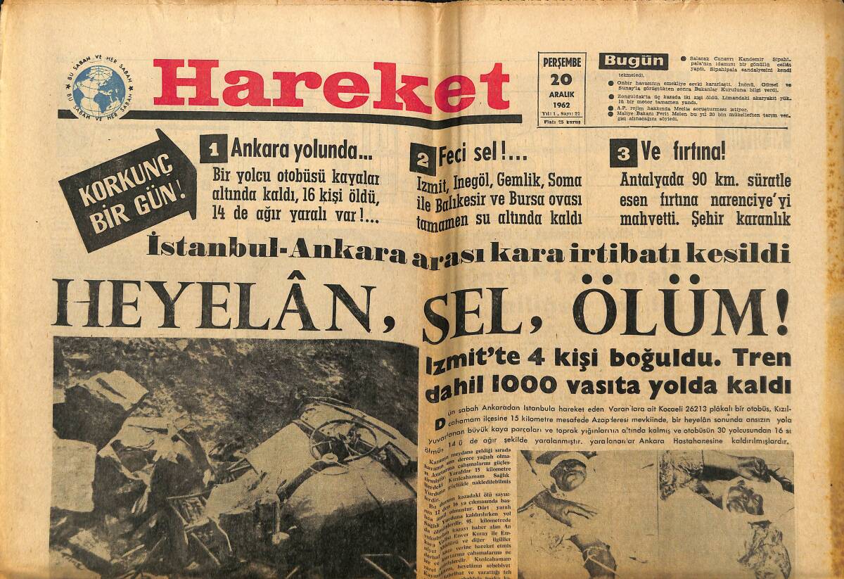 Hareket Gazetesi 20 Aralık 1962 - AP , Rejim Hakkında Soruşturma İstiyor - Maliye Bakanı Otuz Bin Mükellefin Tarım Vergisi Ödiyeceğini Söyledi GZ151316 - 1