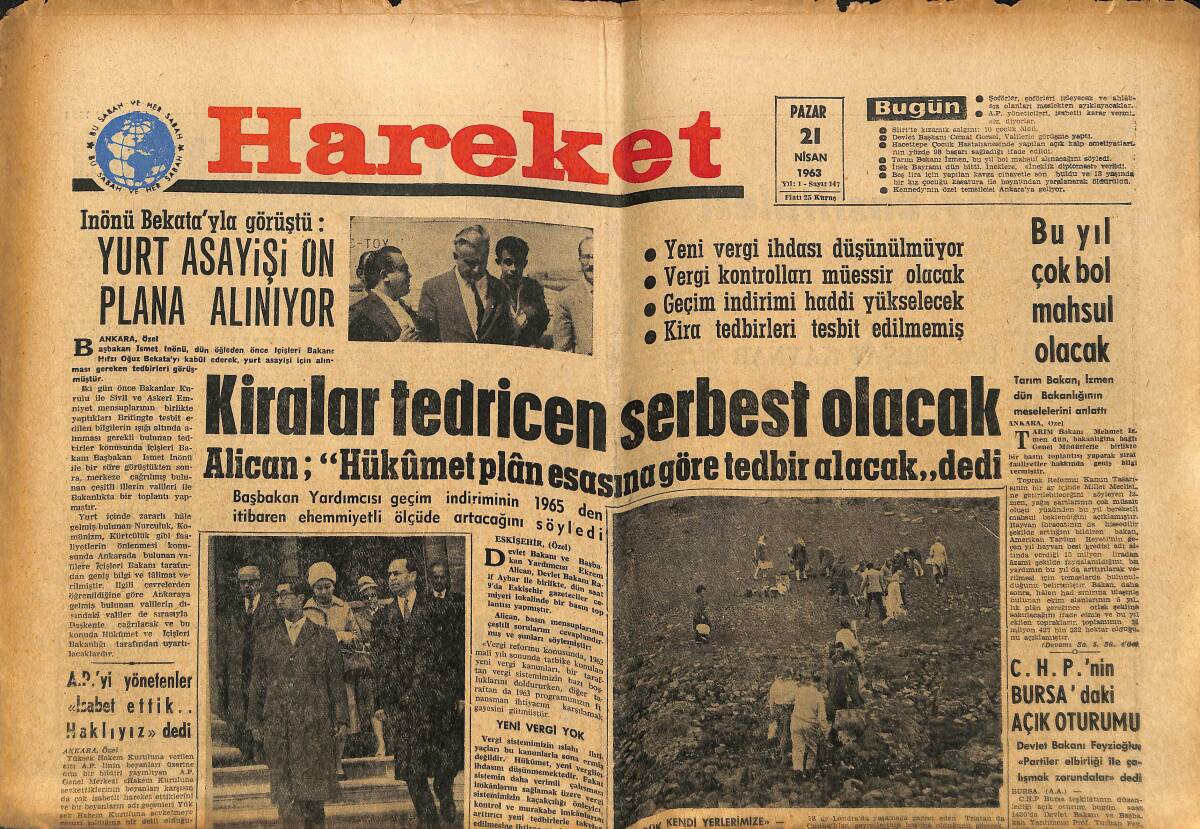Hareket Gazetesi 21 Nisan 1963 - Kennedy'nin Özel Temsilcisi Geliyor - Prens Mikasa Dün İstanbul'u Gezdi GZ151458 - 1