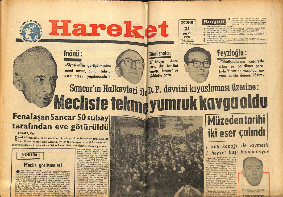 Hareket Gazetesi 21 Şubat 1963 - De Gaulle'ü Yeni Bir Suikast Bekliyormuş - Irak'tan Kasım Adı Siliniyor GZ151341 - 1