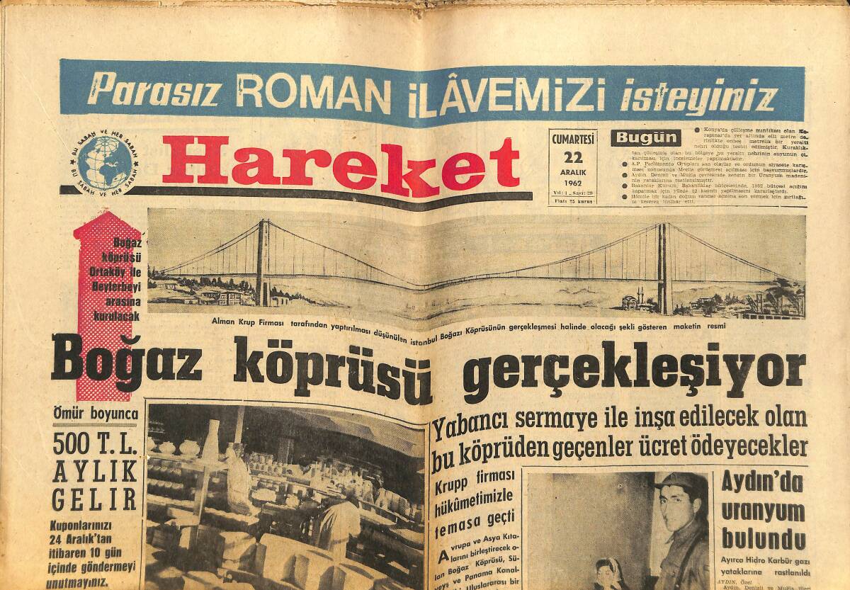 Hareket Gazetesi 22 Aralık 1962 - Boğaz Köprüsü Gerçekleşiyor - Sophia Loren: Geceleri Bir Tünelde Uyurduk GZ151383 - 1