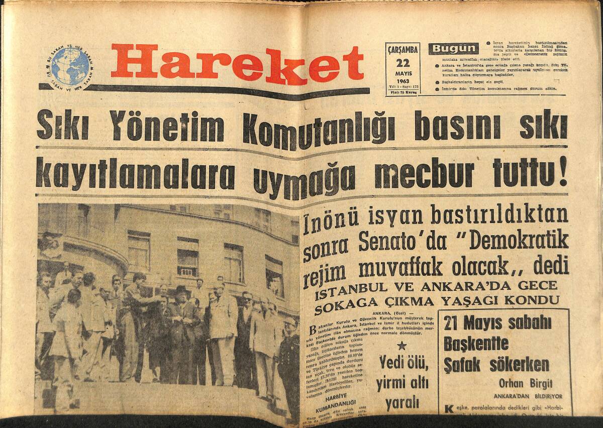Hareket Gazetesi 22 Mayıs 1963 - Sıkı Yönetim Komutanlığı Basını Sıkı Kayıtlamalara Uymaya Mecbur Tuttu - İstanbul'da Da Tevkifler Oldu GZ151412 - 1