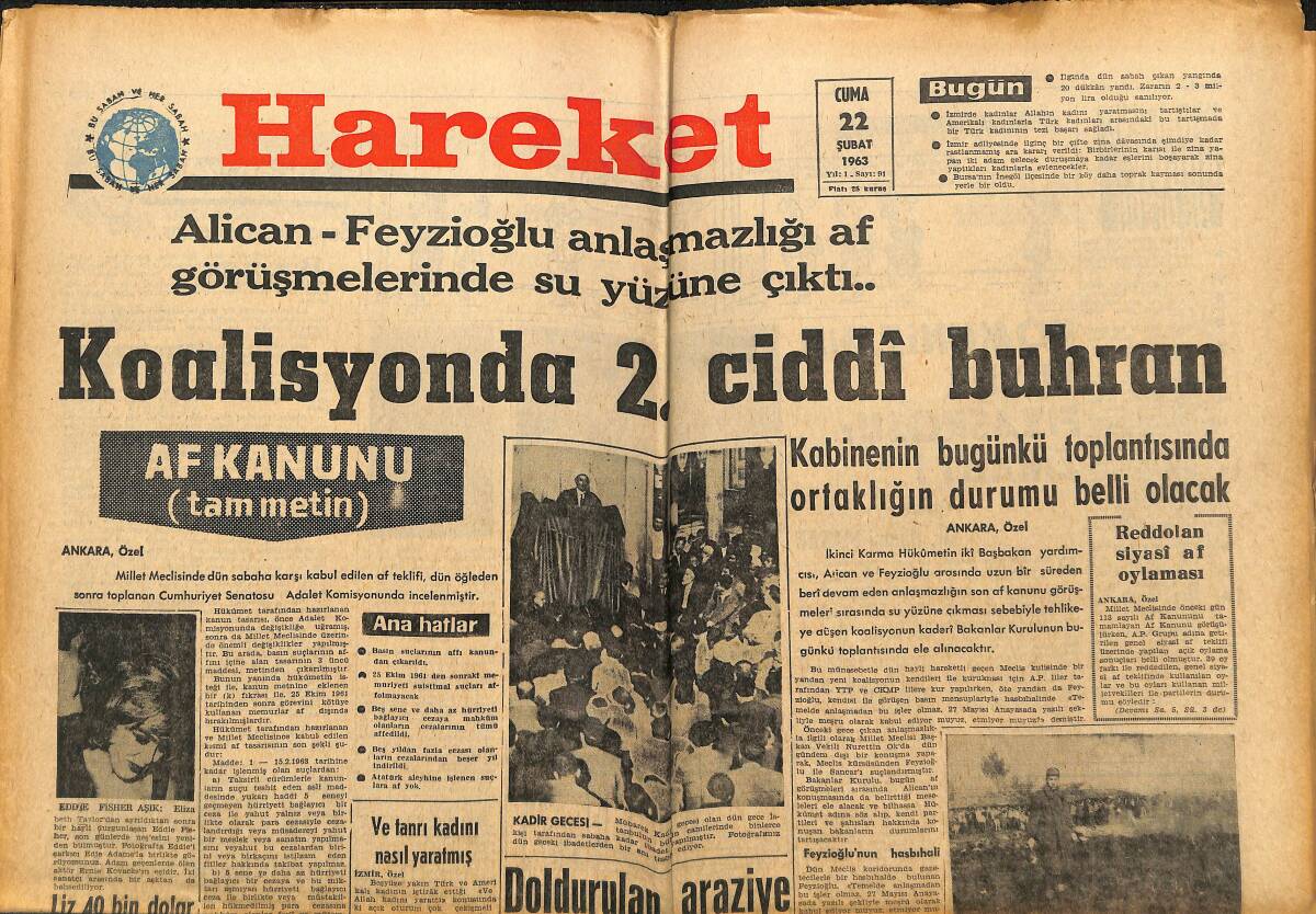 Hareket Gazetesi 22 Şubat 1963 - 7 Kavel İşçisi Yargılandı - Koalisyonda 2. Ciddi Buhran GZ151340 - 1