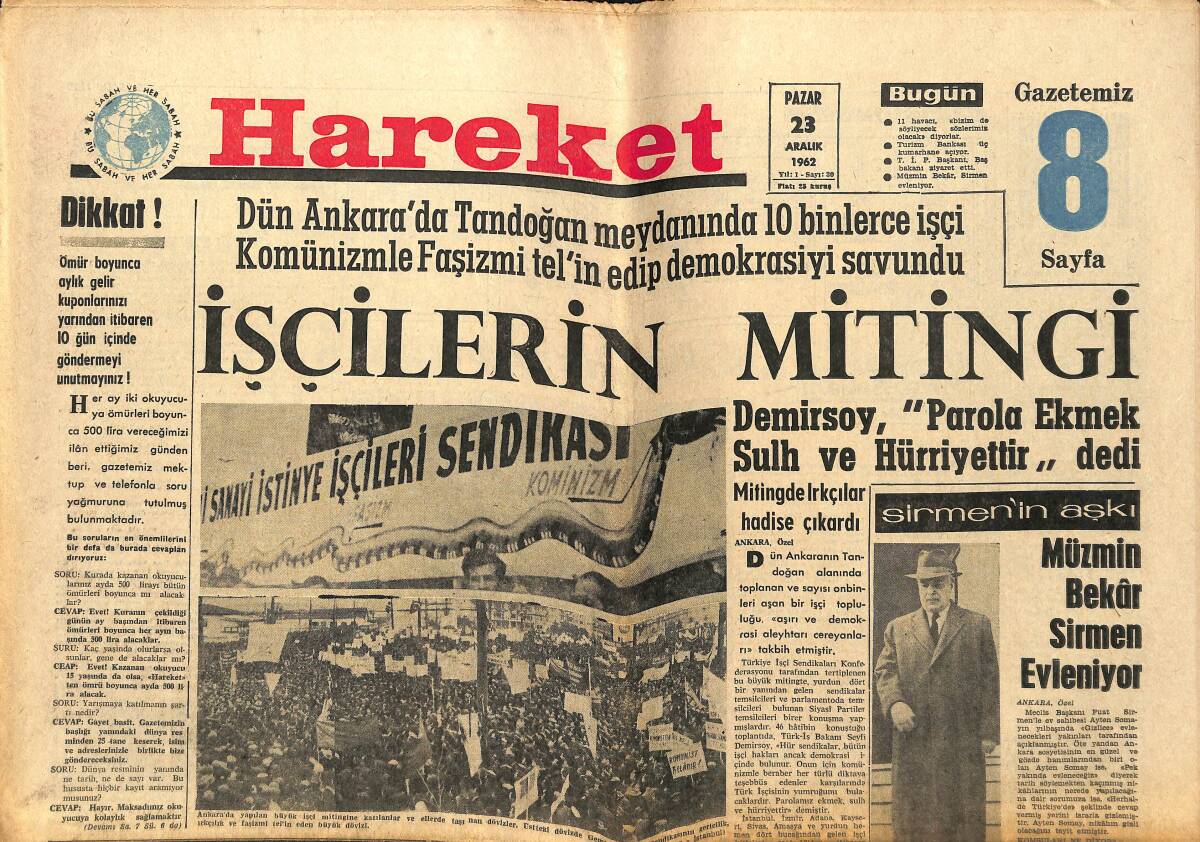 Hareket Gazetesi 23 Aralık 1962 - Liz , Burton'u Bırakmıyor - 22 Bin Türk İşçisinin Hayatı GZ151652 - 1