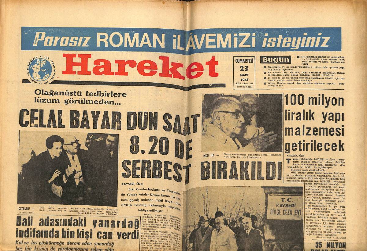 Hareket Gazetesi 23 Mart 1963 - Celal Bayar Dün Saat 8.20 de Serbest Bırakıldı - G. Kore'de 105 Nümayişçi Tevkif Edildi GZ151344 - 1