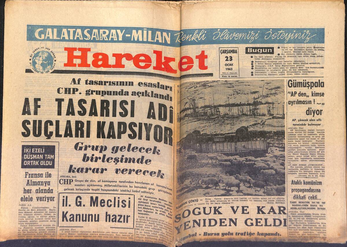 Hareket Gazetesi 23 Ocak 1963 - Fenerbahçe Haberi Şirket Haline Getiriliyor - Tony Curtis, Janet Leigh'ten Kaufmann Yüzünden Mi Boşandı GZ151375 - 1