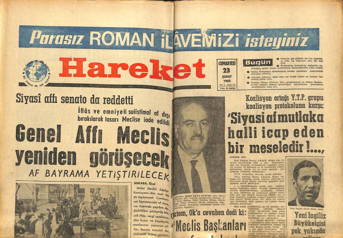 Hareket Gazetesi 23 Şubat 1963 - Genel Affı Meclis Yeniden Görüşecek - Libya'da Şiddetli Bir Yer Sarsıntısı Oldu GZ151339 - 1