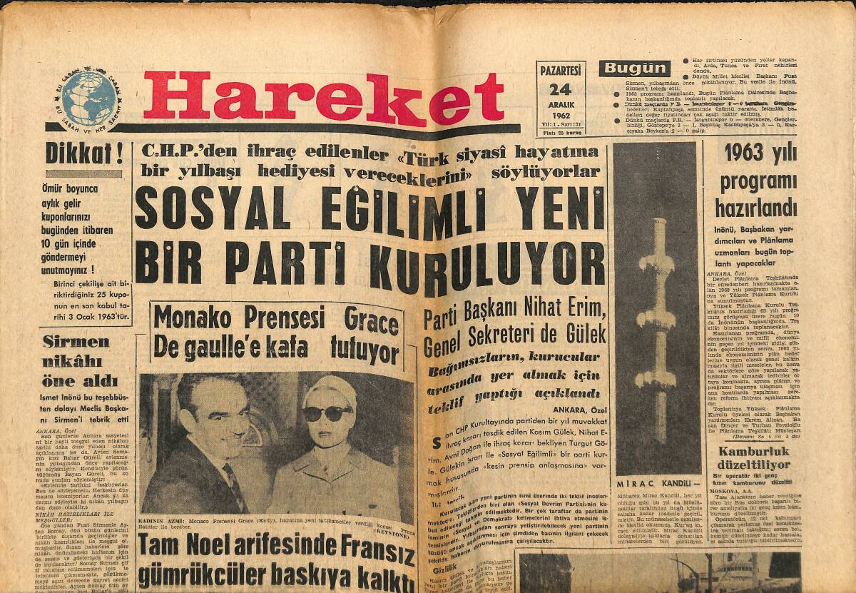 Hareket Gazetesi 24 Aralık 1962 - Sosyal Eğilimli Yeni Bir Parti Kuruluyor - Türkiye-Avrupa Kara Yolu Niş'te Kardan Kapandı GZ151462 - 1