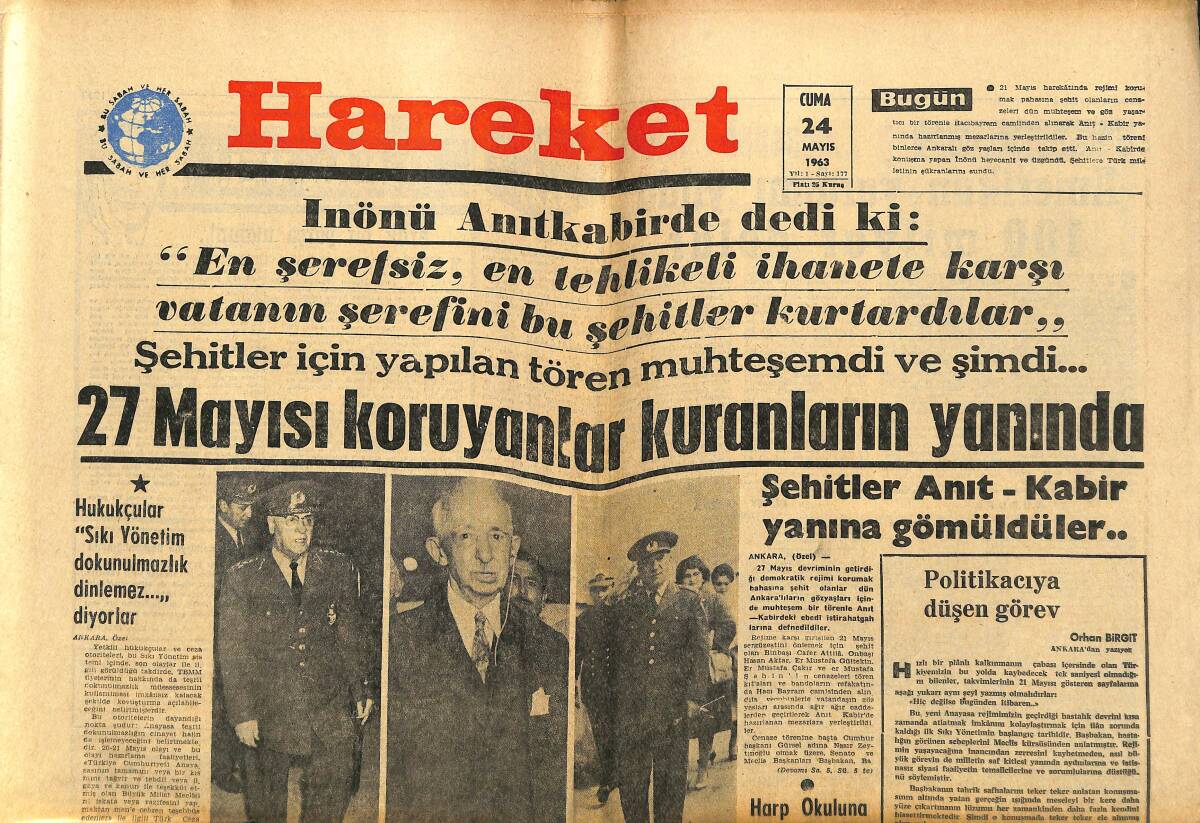 Hareket Gazetesi 24 Mayıs 1963 - 27 Mayısı Koruyanlar Kuranların Yanında - Güreş Federasyonu Bugün Konya'da Toplanıyor GZ151414 - 1