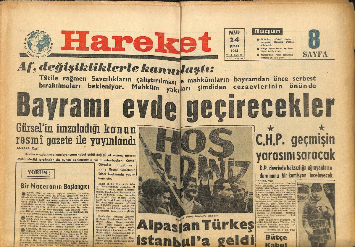 Hareket Gazetesi 24 Şubat 1963 - İran Şahı Çok Lüks Bir Otelin Açılışını Yaptı - Alparslan Türkeş , İstanbul'a Geldi GZ151338 - 1