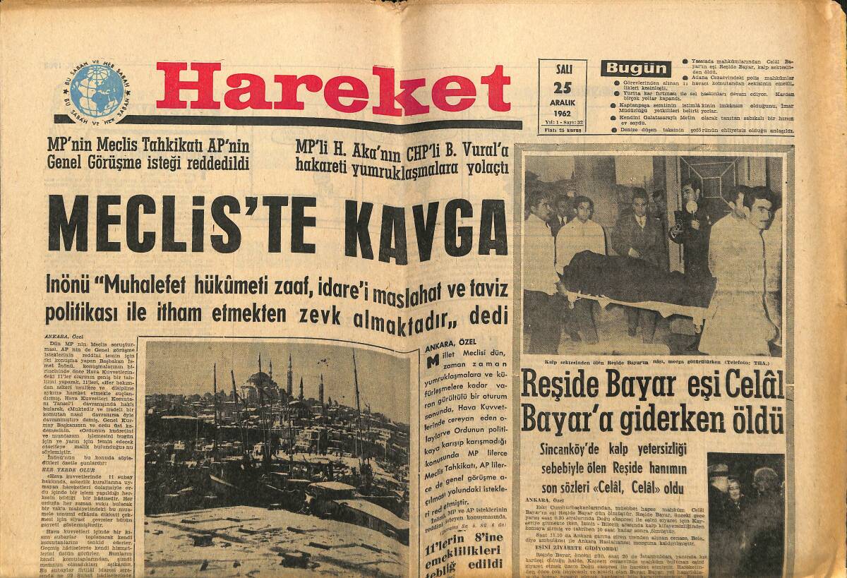 Hareket Gazetesi 25 Aralık 1962 - Reşide Bayar Eşi Celâl Bayar'a Giderken Öldü - Adana'dakiler İçin Af Çıkıyor GZ151461 - 1