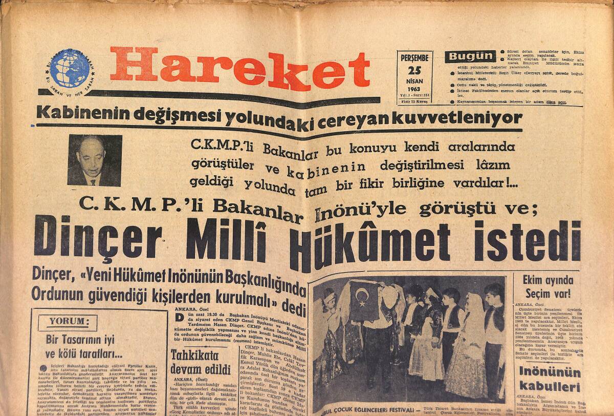 Hareket Gazetesi 25 Nisan 1963 - Dinçer Milli Hükümet İstedi - Galatasaray Fenerbahçe 2 Puanı Paylaştılar GZ151379 - 1