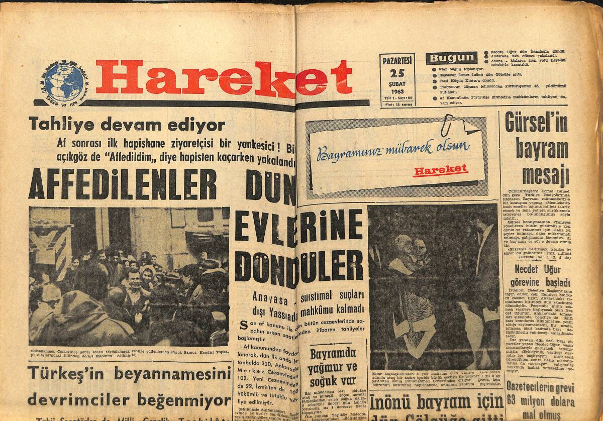 Hareket Gazetesi 25 Şubat 1963 - Ankara-Malatya Tren Hattı Kesildi - Fazıl Küçük Kıbrıs'a Döndü GZ151337 - 1