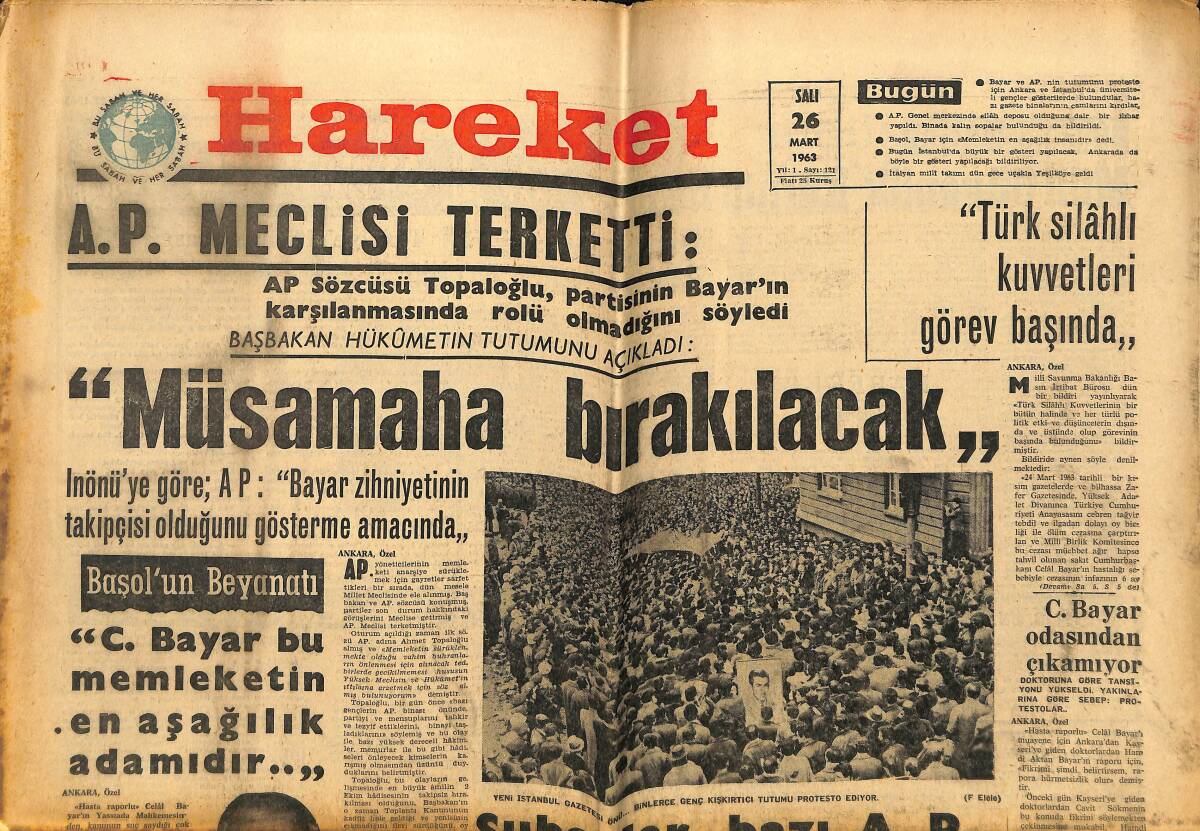 Hareket Gazetesi 26 Mart 1963 - Celal Bayar Odasından Çıkamıyor - Türk Gençliği Dün Yeniden Şahlandı GZ151320 - 1