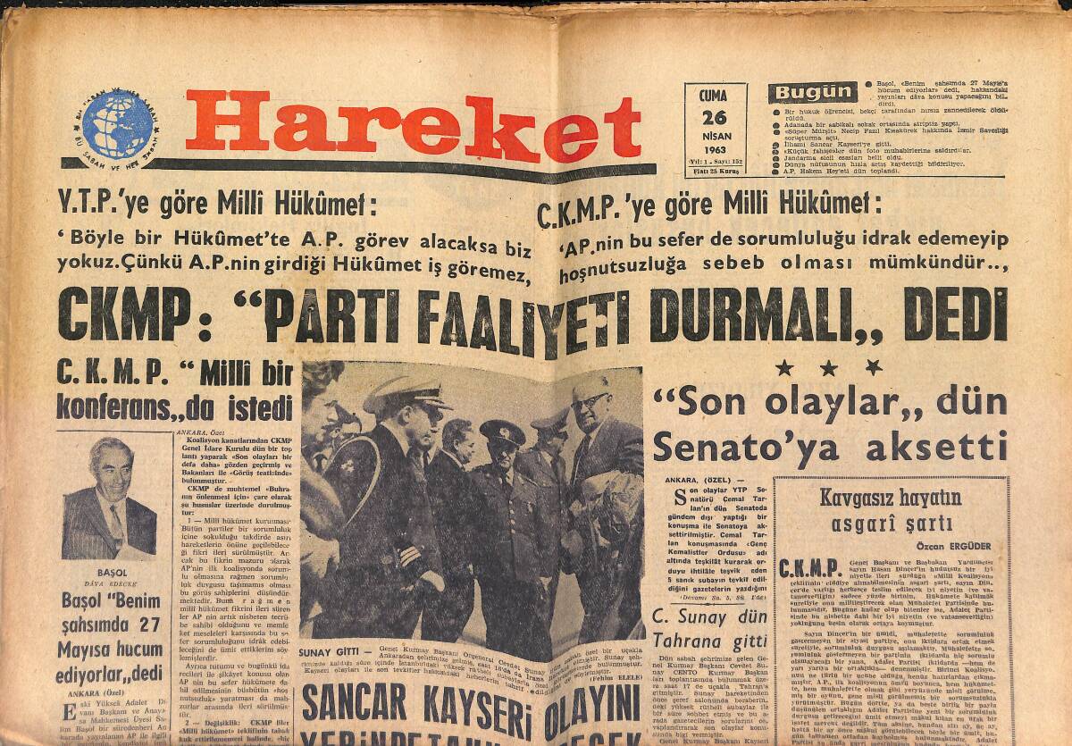 Hareket Gazetesi 26 Nisan 1963 - Sancar Kayseri Olayını Yerinde Tahkik Edecek - O'brien: Süreyya'dan Neden Ayrıldım GZ151380 - 1