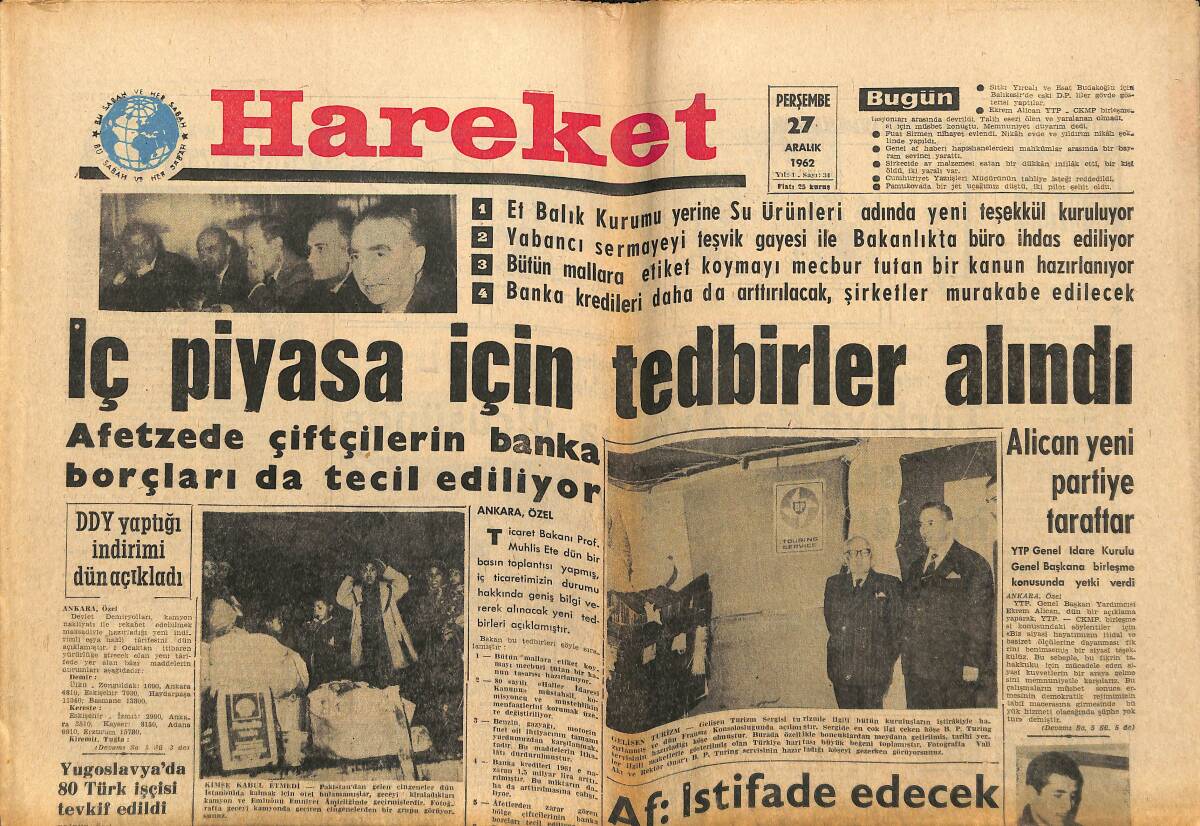 Hareket Gazetesi 27 Aralık 1962 - İç Piyasa İçin Tedbirler Alındı - Fuat Sirmen Evlendi GZ151651 - 1