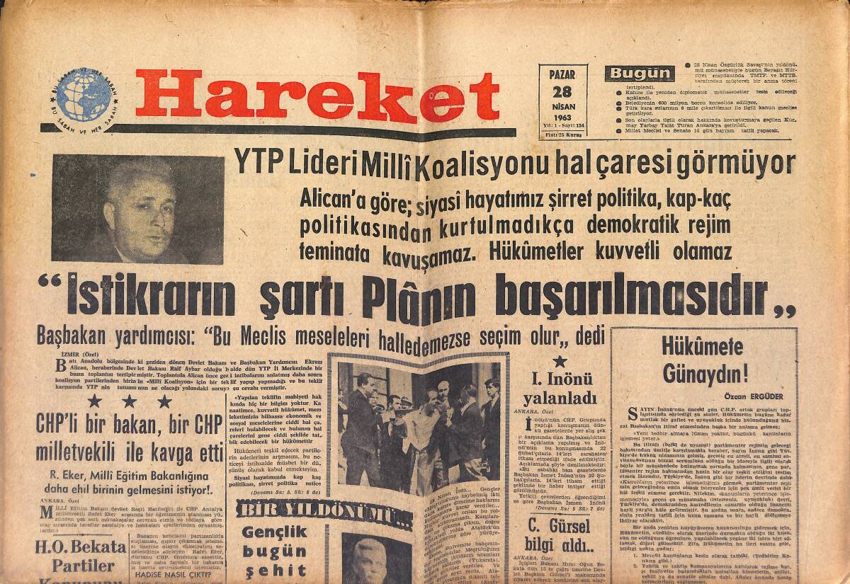 Hareket Gazetesi 28 Nisan 1963 - İsmet İnönü Yalanladı - Galatasaray Altay'ı 3-1 Yendi - Belediye Borçları Konsolide Ediliyor GZ151382 - 1