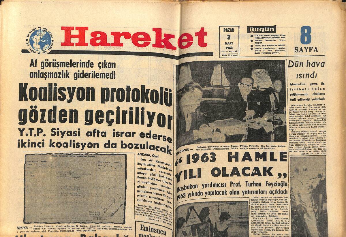 Hareket Gazetesi 3 Mart 1963 - Kasım'ı Barzaniler Öldürtmüşler - Beşiktaş İzmirspor'dan Rövanşı Çok Fena Aldı GZ151367 - 1