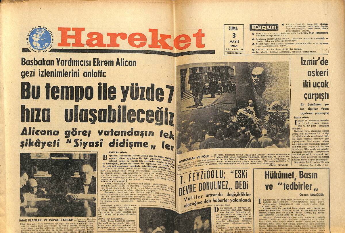 Hareket Gazetesi 3 Mayıs 1963 - İran Devlet Bakanı Kürt Tehlikesi Diye Bir Şey Yok, Diyor - İTÜ Harp Okulu Ve Fenerbahçe Galip GZ151398 - 1