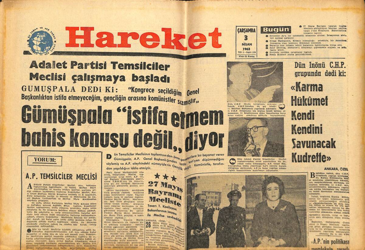 Hareket Gazetesi 3 Nisan 1963 - İspir'deki İki Bin Kişi Adliye Binasını Taşladı - Sovyetler Ay'a İstasyon Yolladı GZ151346 - 1