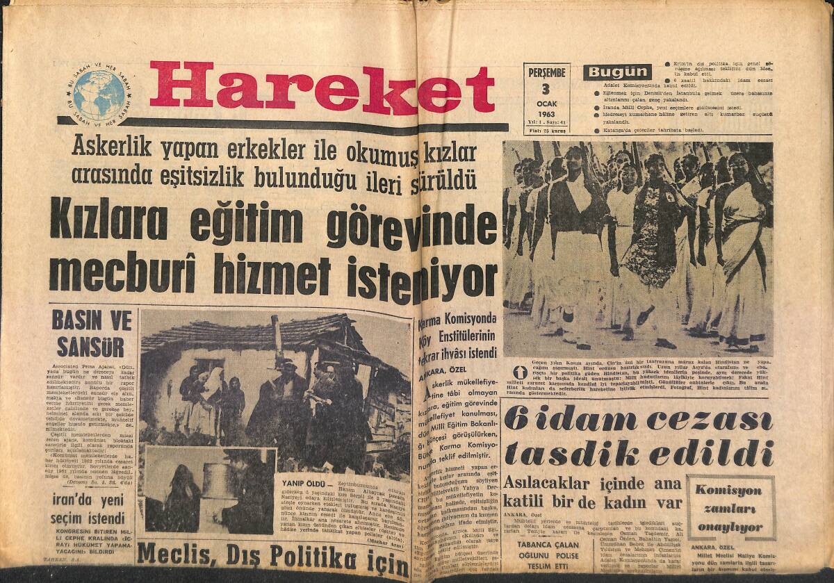 Hareket Gazetesi 3 Ocak 1963 - A Milli Takımı İçin Yabancı Antrenör Getirilmekten Cayıldı - 6 İdam Cezası Tasdik Edildi GZ151371 - 1