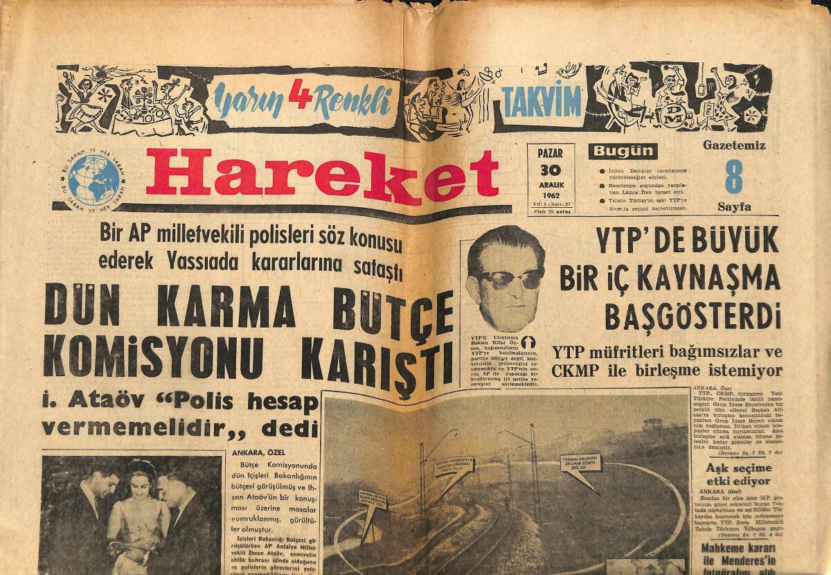 Hareket Gazetesi 30 Aralık 1962 - Ankara'da Tüccar Klübü Basıldı - YTP'de Büyük Bir İç Kaynaşma Başgösterdi GZ151460 - 1