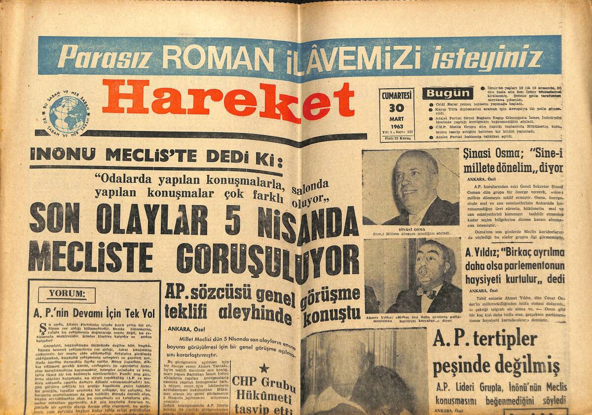 Hareket Gazetesi 30 Mart 1963 - Hükümlü Bayar Şimdide Yemek Boykotu Yapıyor - A.P. Tertipler Peşinde Değilmiş GZ151317 - 1