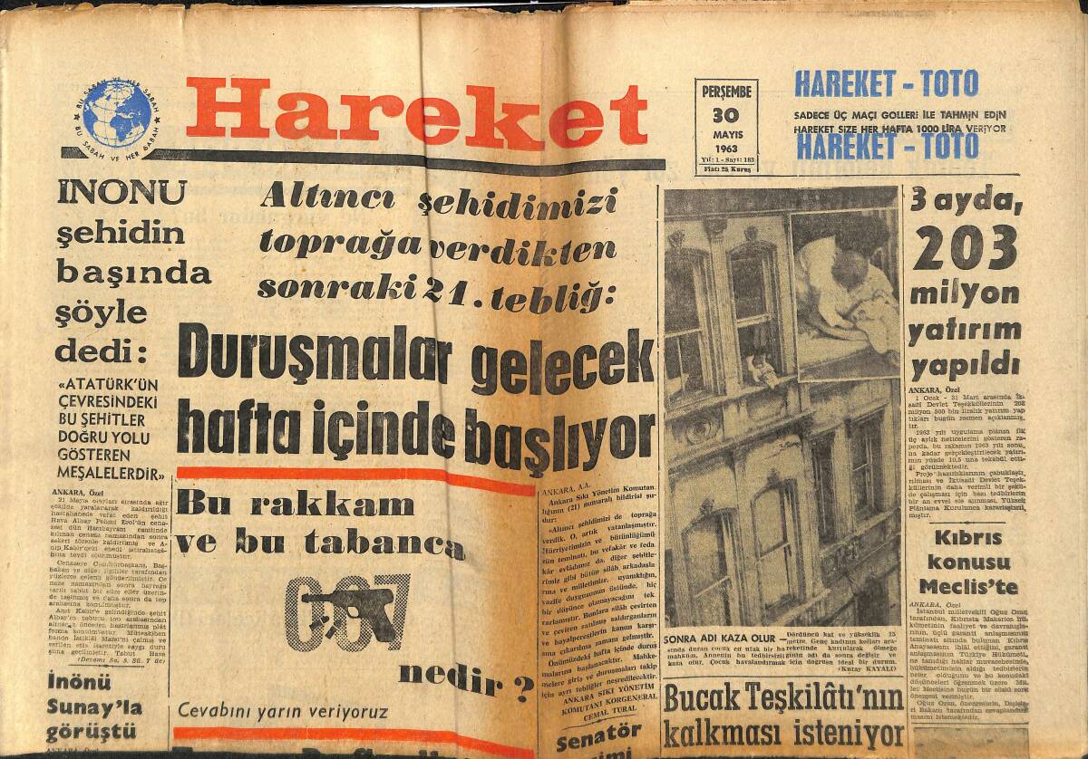 Hareket Gazetesi 30 Mayıs 1963 - Şampiyonanın Favorisi Türkiye, Rusya Ve İran - Fransa De Gaulle'den Sonrasını Düşünüyor GZ151417 - 1