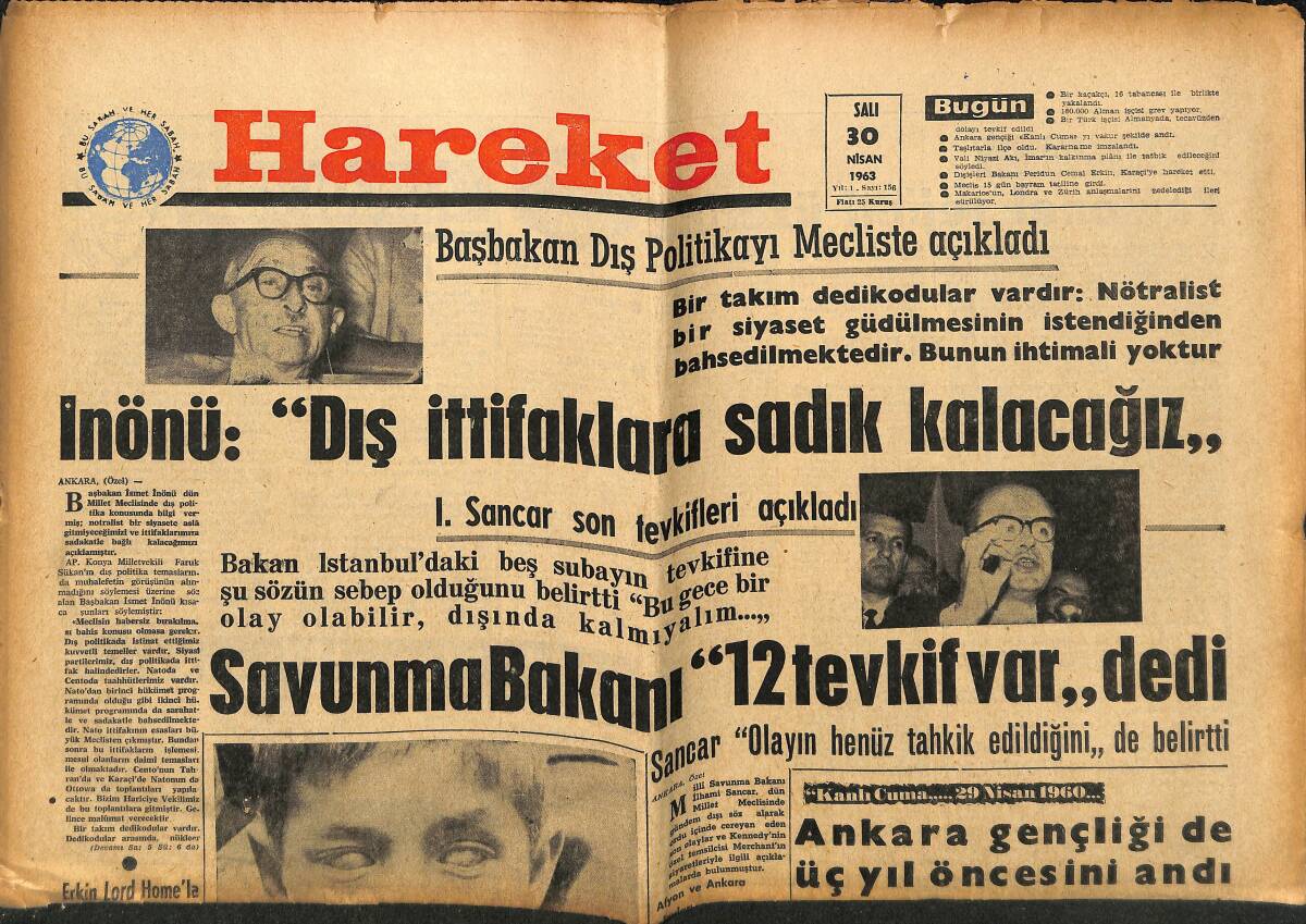 Hareket Gazetesi 30 Nisan 1963 - İran Planlaması Başarılı Olmuştur - Savunma Bakanı 12 Tevkif Var Dedi GZ151457 - 1