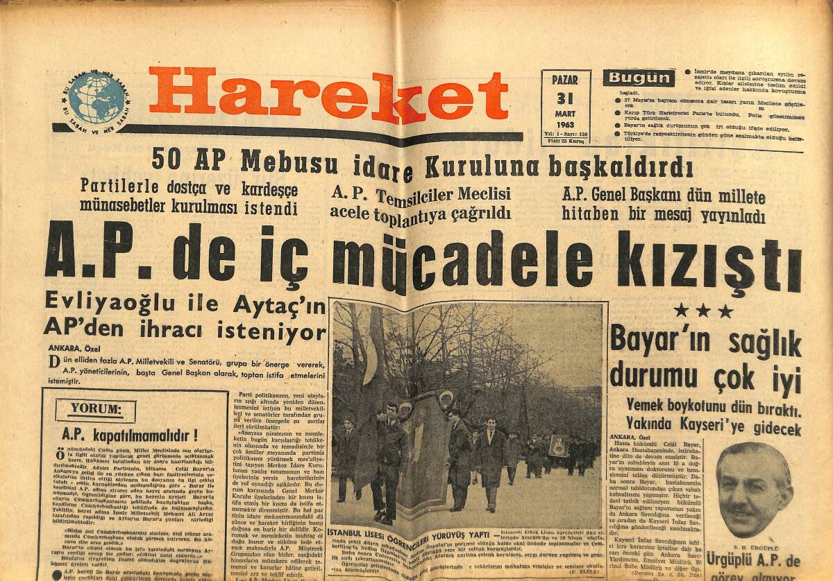 Hareket Gazetesi 31 Mart 1963 - A.P. de İç Mücadele Kızıştı - Makarios'a Çatıldı GZ151318 - 1