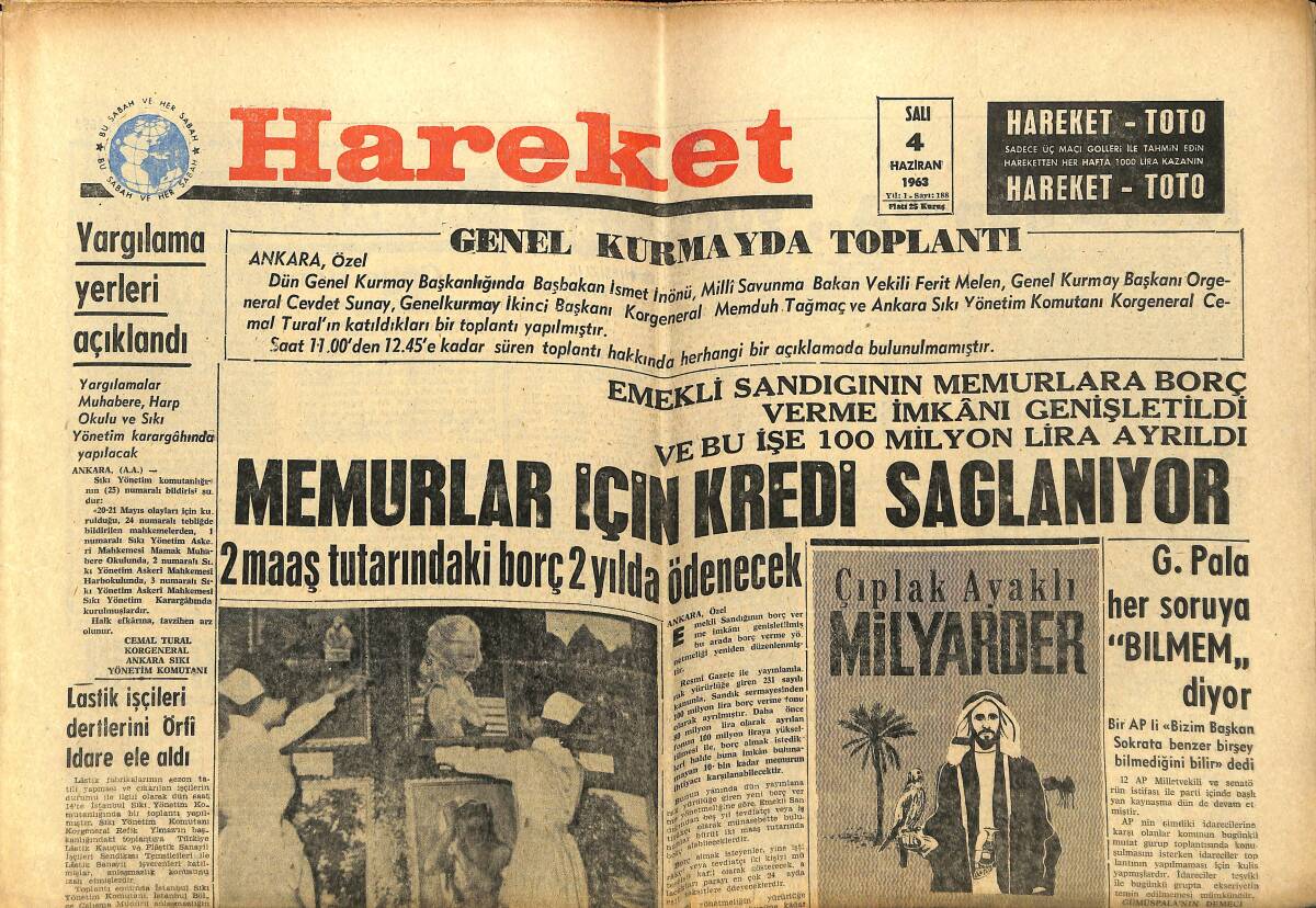 Hareket Gazetesi 4 Haziran 1963 - Papa Dün Gece Vefat Etti - Fenerbahçe Beşiktaş Yarın Gece Karşı Karşıya GZ150040 - 1