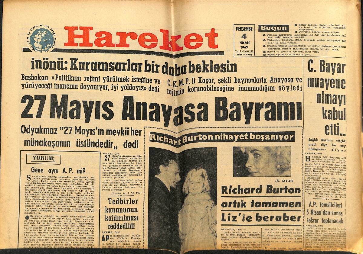 Hareket Gazetesi 4 Nisan 1963 - Richard Burton Artık Tamamen Liz'le Beraber - Japonya Mali Yardım Yapıyor GZ151321 - 1