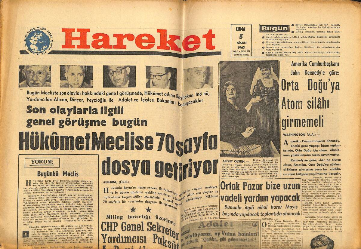 Hareket Gazetesi 5 Nisan 1963 - Orta Doğu'ya Atom Silâhı Girmemeli - Alman İçişleri Ankara'da GZ151323 - 1