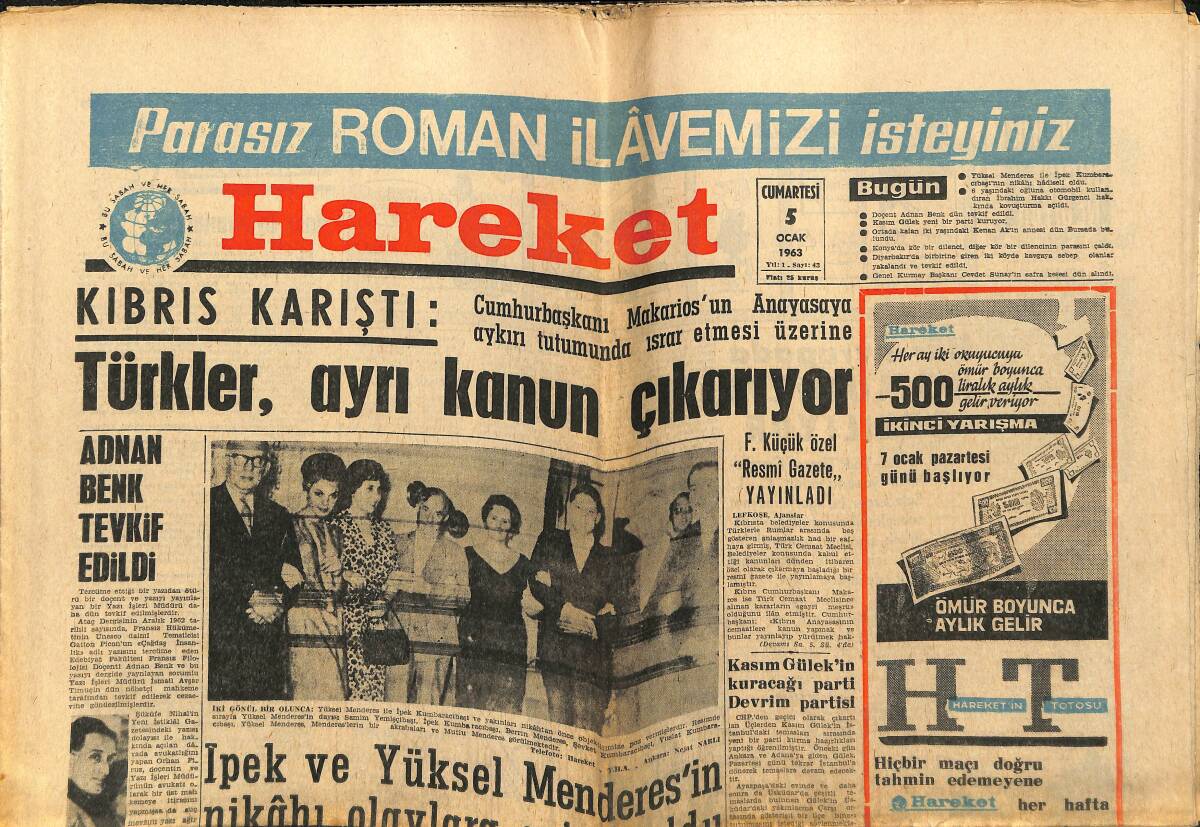 Hareket Gazetesi 5 Ocak 1963 - İpek Ve Yüksel Menderes'in Nikahı Olaylara Sebep Oldu - Liz'in Yerini Cazip Yıldız Doris Day Aldı GZ151385 - 1