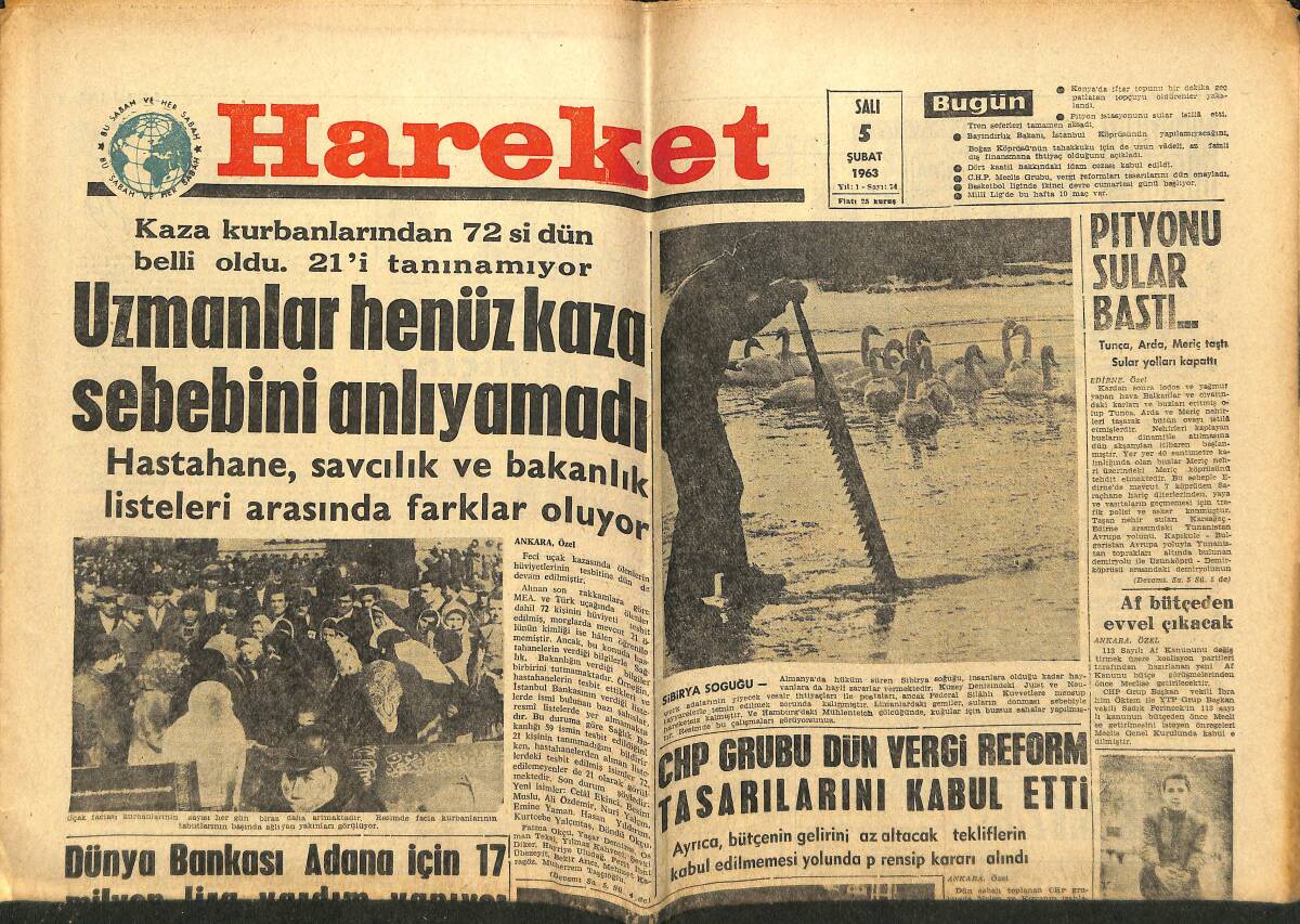 Hareket Gazetesi 5 Şubat 1963 - Dünya Bankası Adana İçin 17 Milyon Lira Yardım Yapıyor GZ151326 - 1