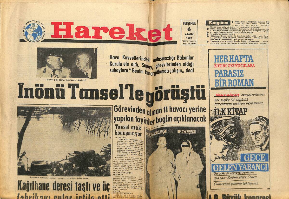 Hareket Gazetesi 6 Aralık 1962 - İnönü Tansel'le Görüştü - İtalya'dan Dönen Futbolcular Kaçak Kumaş Getirmişler GZ151319 - 1