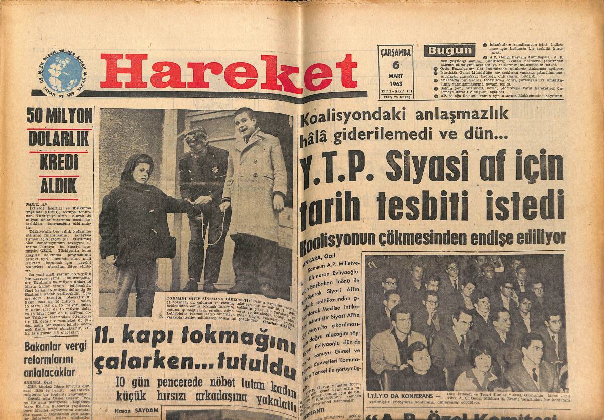 Hareket Gazetesi 6 Mart 1963 - Hollywood'un Beğenilen Genci Curtis Evlilikte Şansını İkinci Defa Deniyor - Galatasaray Milan İçin Kampa Giriyor GZ151364 - 1