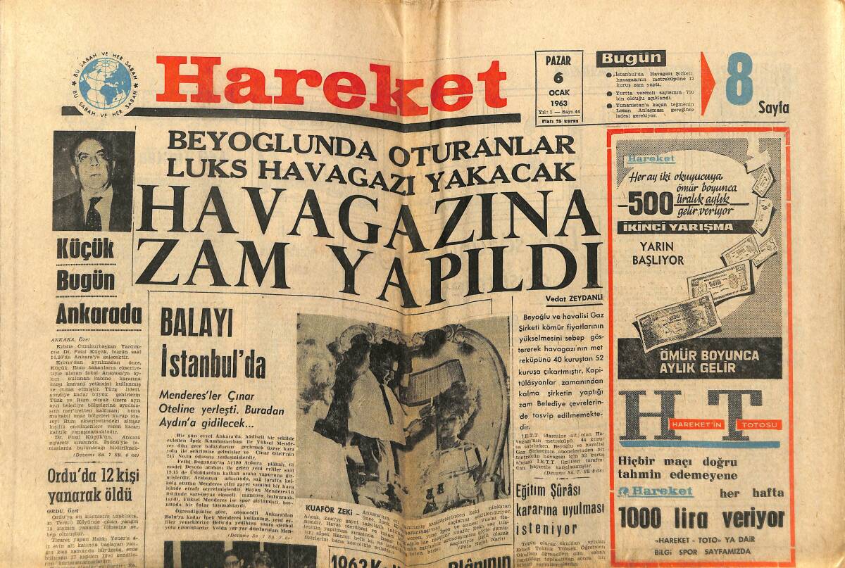 Hareket Gazetesi 6 Ocak 1963 - Beyoğlu'nda Oturanlar Lüks Havagazı Yakacak - Julie Newmar Hollywood'u Fethetti GZ151386 - 1