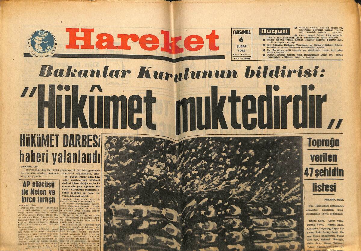 Hareket Gazetesi 6 Şubat 1963 - Trahom İle Cüzzamda Dünya Rekoru Kırdık - AP Sözcüsü İle Melen Ve Kırca Tartıştı GZ151327 - 1