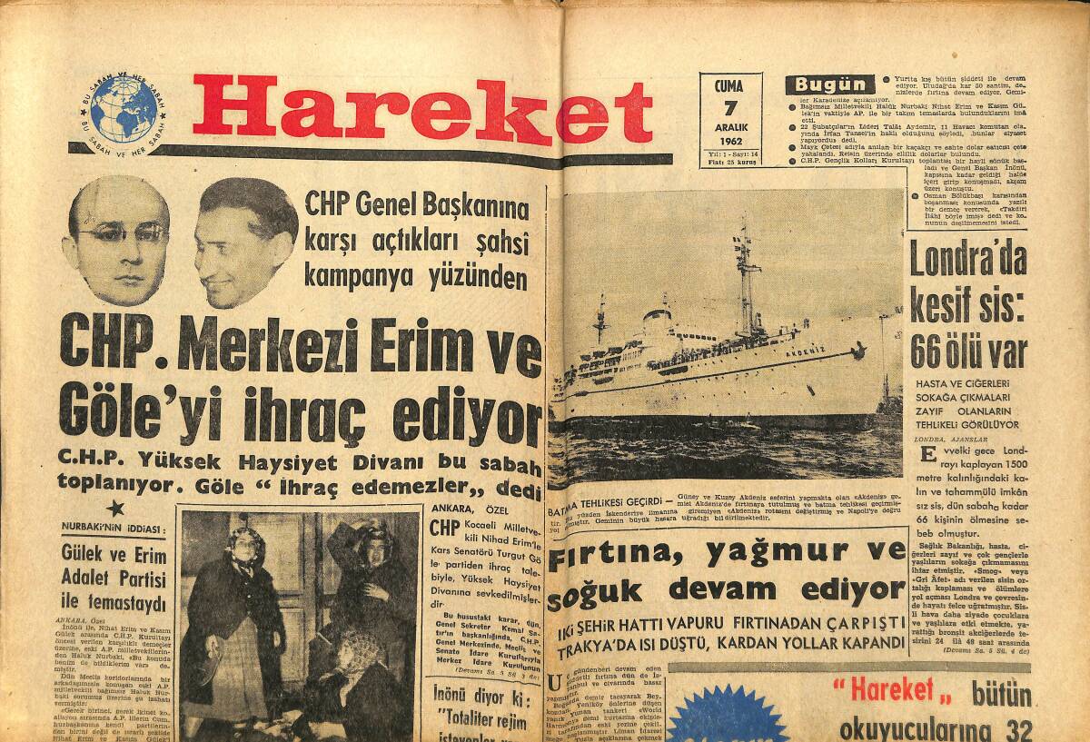 Hareket Gazetesi 7 Aralık 1962 - Mısır Çarşısını Almak İçin Belediye Faaliyete Geçti - Fırtına , Yağmur Ve Soğuk Devam Ediyor GZ151334 - 1